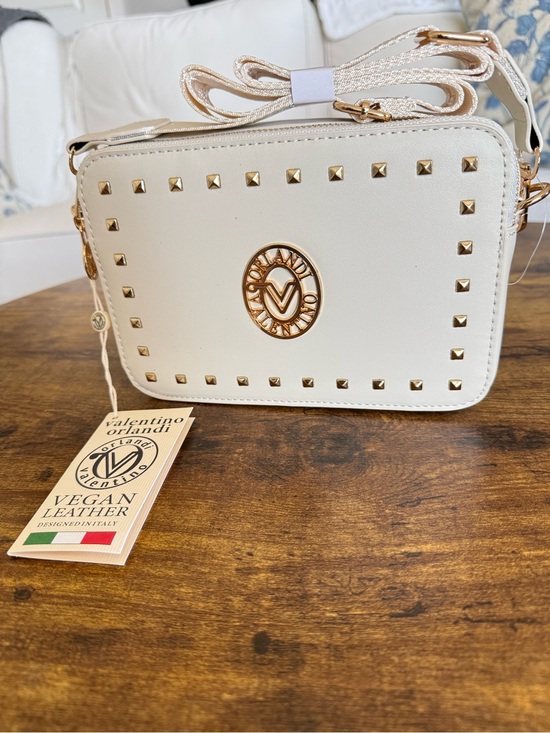 Handbags - Valentino Orlandi Cream Vegan Leather Crossbody Bag with Gold Studs NWT
